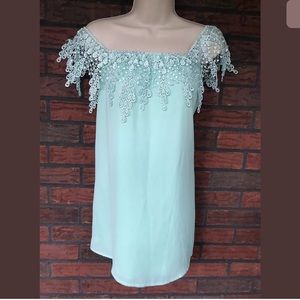 Tibi Tiffany Blue Off Shoulder Crochet Elastic Nec